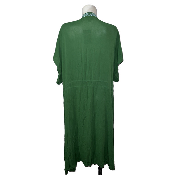 New Curations Top Size P2X Green Embroidered Tie Waist Kimono Caftan Duster NWT - Picture 4 of 9